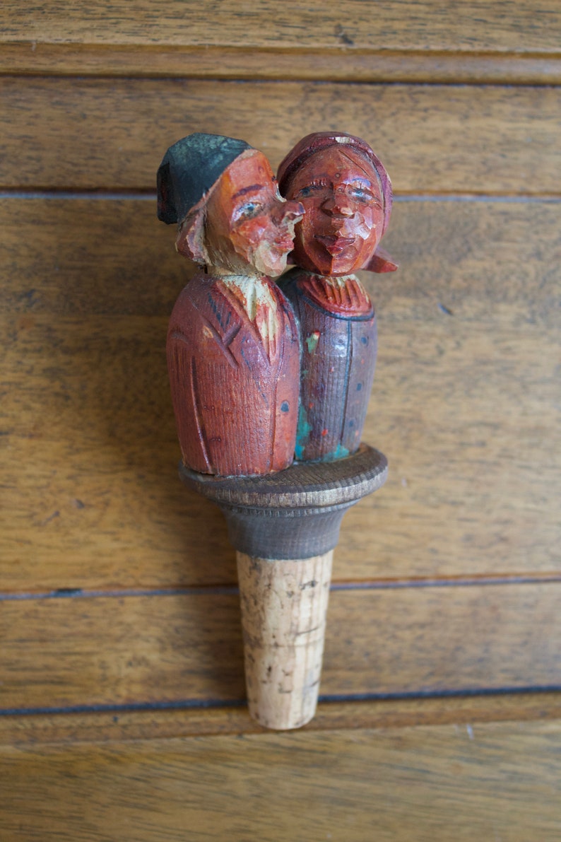 Kissing Couple Hand Carved and Painted Wooden Mechanical Cork Bottle Stopper