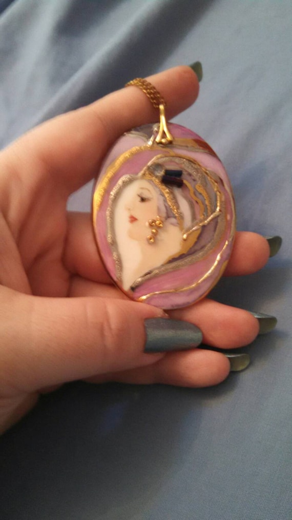 Hand Painted Flapper Girl Porcelain Pendant