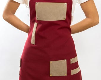 Delantal de diseño de servicio rojo con correas y bolsillos Baristas-Peluqueros-Barberos-Tatuadores-Chefs-Servidores-Bartenders-Regalo personalizado para el día de San Valentín
