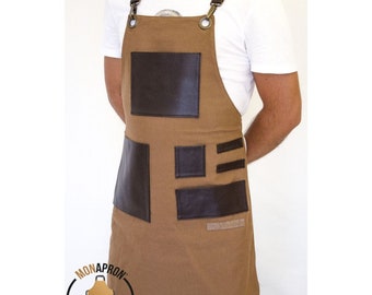 Delantal de peto marrón de lona, bolsillos de piel sintética, delantal de barista para chef artista