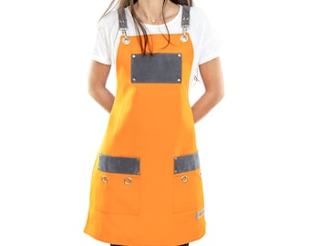 Delantal de diseño naranja con correas y bolsillos Baristas-Peluqueros-Barberos-Tatuadores-Maquilladores-Chefs-Meseros-Mezcladores-Bartenders