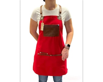 Delantal rojo con correas y bolsillos Baristas- Peluqueros- Barberos- Tatuadores- Maquilladores- Chefs - Servidores - Mixólogos - Bartender