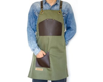 Delantal de diseño de bolsillo extra verde con correas Barista-Peluquero-Barberos-Tatuadores-Maquillador -Chefs-Florista-Bartender-Mujeres-Hombres