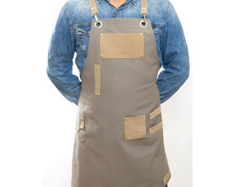 Delantal Diseño Gris Beige con correas de ante y bolsillos Baristas-Peluquero-Barberos-Tatuadores-Maquilladores- Chefs-Servidor-Mixólogo-Bartender