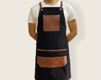 Delantal marrón negro y jengibre / Correas y bolsillos de cuero sintético Delantal de restaurante / Delantal de barman / Delantal de barista / Delantal de barbacoa