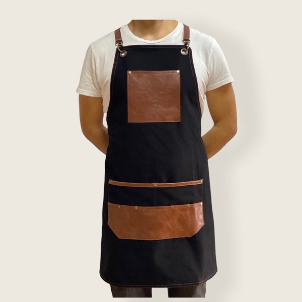 Black and Ginger Brown Apron / Faux Leather Straps and Pockets Restaurant Apron  / Bartender Apron / Barista Apron / Barbecue Apron