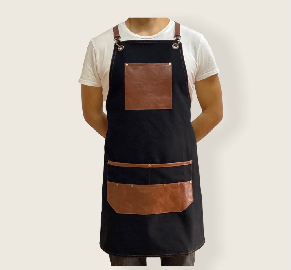 tablier noir et marron gingembre/lanières poches en similicuir tablier de restaurant barman barista barbecue