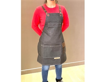 Delantal de mezclilla con bolsillos y correas: delantal de trabajo para baristas, peluqueros, peluqueros, chefs y camareros.