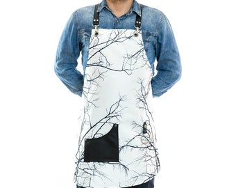 Delantal con diseño de rama de árbol en blanco y negro con correa y bolsillo para baristas, peluqueros, barberos, tatuadores, maquilladores, chefs, camareros y bartenders.