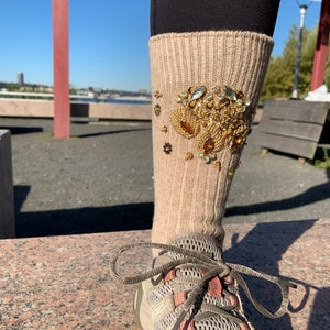 Unique Beaded Hand Embroidery Hosiery Fine Wool Elastic Knitting Sand Beige Socks for Women