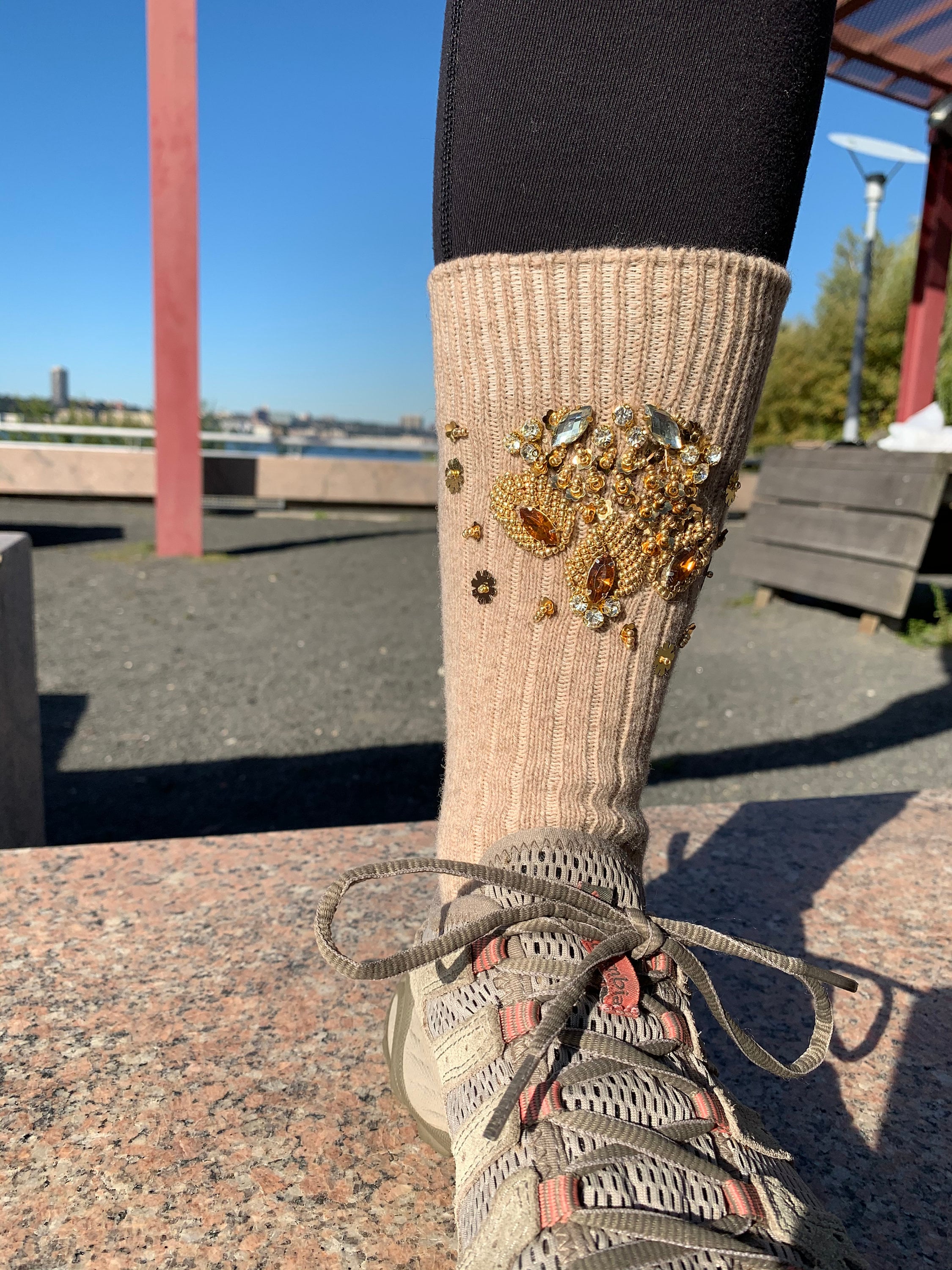 Unique Beaded Hand Embroidery Hosiery Fine Wool Elastic Knitting Sand Beige Socks for Women