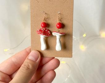 Mushroom earrings, fly agaric, Porcelain earrings, ceramic earrings, handmade earrings, porcelain jewelry, ceramic jewelry