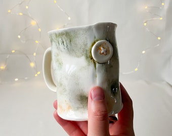 Canvas-inspired Porcelain Mug with Button Detail,  Handcrafted and Textured for a Rustic Feel