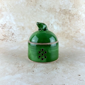 May include: A handcrafted, glossy green ceramic jar with a frog figurine on the lid. The jar has a cylindrical base with eight circular holes and a contrasting rim. The frog is detailed and adds a whimsical touch to the design.