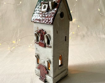 Little House, ceramic house, brown house, Ceramic Lantern, tealight holder, Fireplace Decor, Christmas gift, Home Decor, snowy house