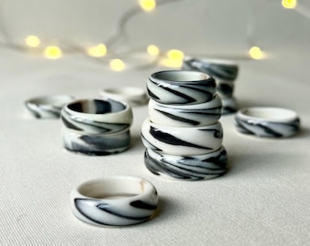 Marbled Ring, swirly ring, porcelain ring, Ceramic Jewelry, Handmade Ceramic Ring, Minimalist Ring, black and white ring, porcelain Jewelry
