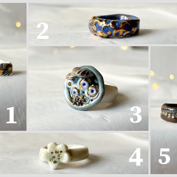 Ceramic Ring, US Size 8 Ring, Ceramic Jewelry, Handmade ceramic Ring, Minimalist Ring, Handmade Jewelry, gold pleated ring, stoneware ring