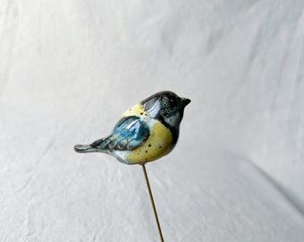 Tit plantenstaak, meesvogel, keramische mees, plantenstaak, plantenstokken, tuinstaak, tuindecor, plantenbakdecor, vogelliefhebber cadeau