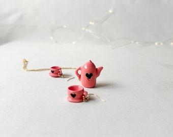 Tea party jewelry, teacup earrings, teapot necklace, Ceramic earrings, ceramic jewelry, Porcelain earrings, clay earrings, gift for her