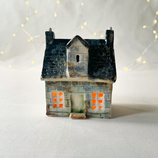 Little House lantern, ceramic house, miniature house, English cottage, Ceramic Lantern, Fireplace Decor, Home Decor