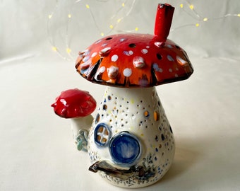 Fairy House, incense burner, ceramic lantern, ceramic mushroom, mushroom house, mushroom lantern, fly agaric, mushroom art