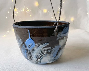 Abstract carved planter, Hanging planter, Ceramic Planter with Drainage, Handmade, Gardening gift, planter  with drainage hole, 4.5”