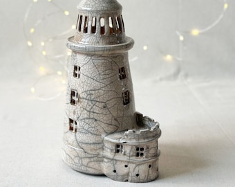 Tea Light Holder, Raku pottery, ceramic Lighthouse, ceramic Tea light Holder, Cutout Lantern, Lighthouse luminary, lighthouse lantern