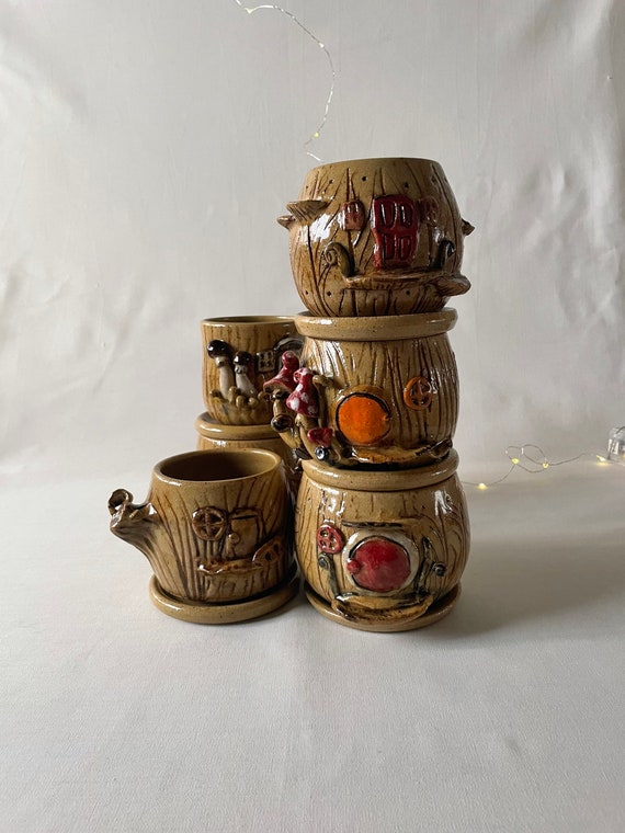 Home Décor Pottery Planter with Saucer Gardening gift Whimsical planter Ceramic Planter with