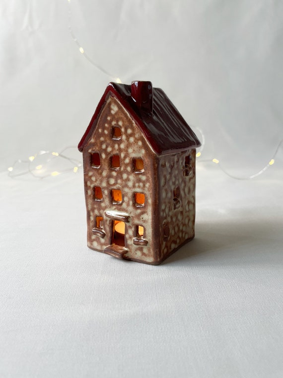 Ceramic Lantern Fireplace Decor Ceramic tealight holder Home Decor Little House Housewarming Gift Tall house Heart house brown house