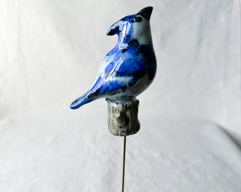 Blue Jay plant stake, blue jay, ceramic blue Jay, plant stake, plant sticks, garden stake, garden decor, planter decor, bird lover gift