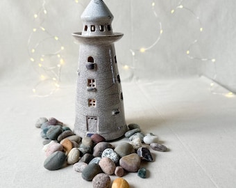 Tea Light Holder, Raku pottery, ceramic Lighthouse, ceramic Tea light Holder, Cutout Lantern, Lighthouse luminary, lighthouse lantern