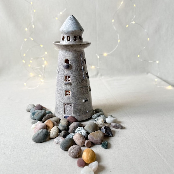 Tea Light Holder, Raku pottery, ceramic Lighthouse, ceramic Tea light Holder, Cutout Lantern, Lighthouse luminary, lighthouse lantern