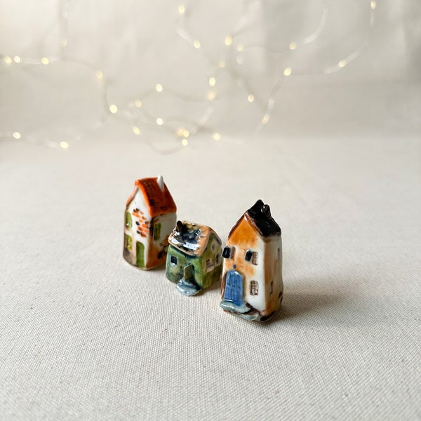 Little houses, set of three ceramic houses, tiny house, planter decor, home accent,  miniature houses, garden decor, ceramic cottage