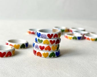Rainbow heart ring, Ceramic Ring, porcelain ring, Ceramic Jewelry, Handmade ceramic Ring, Handmade Jewelry