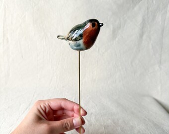 Robin plantenstaak, Amerikaanse Robin, keramische Robin, plantenstaak, plantenstokken, tuinstaak, tuindecor, plantenbakdecor, vogelliefhebber cadeau