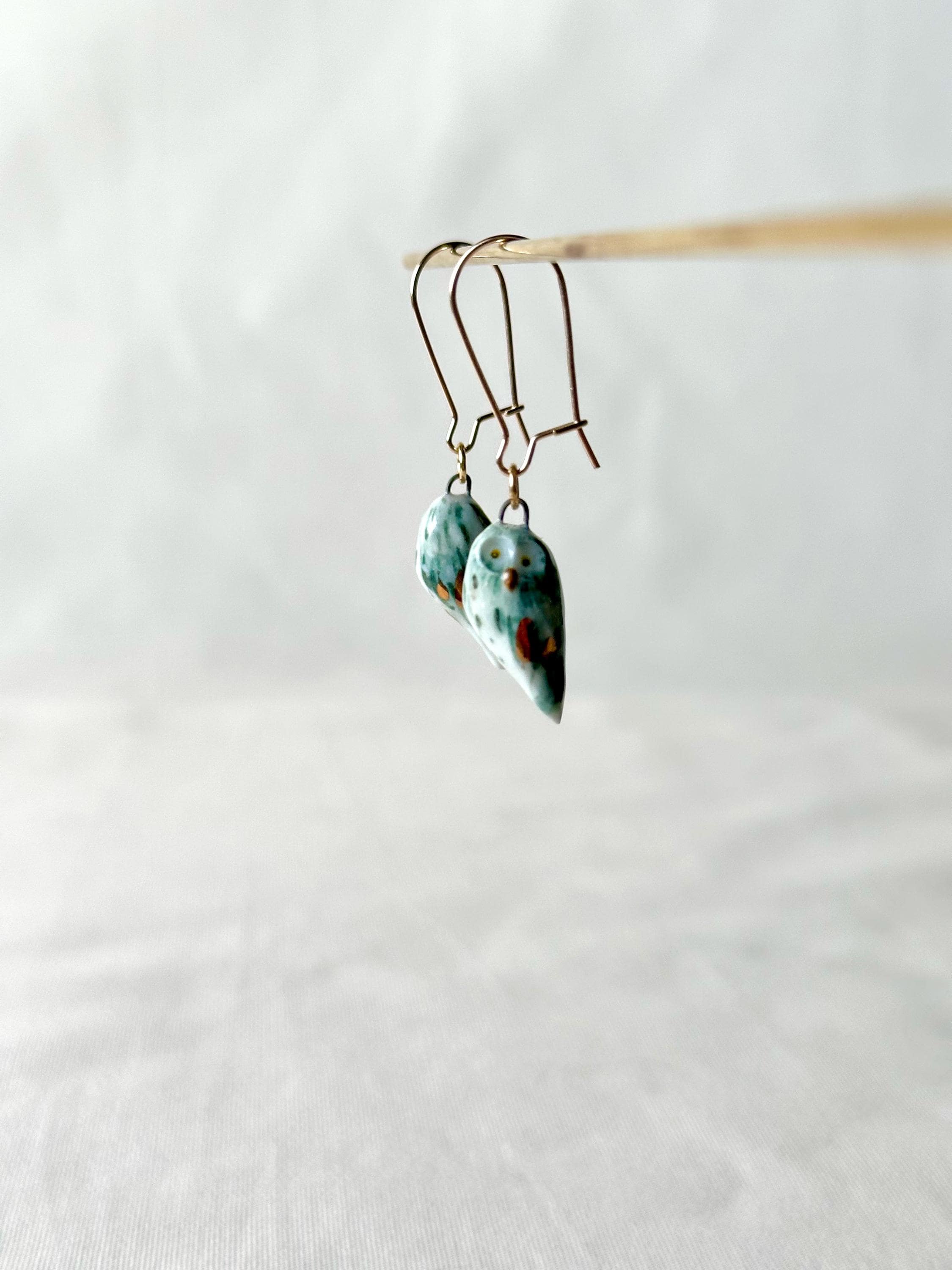 Owl earrings, owl jewelry, bird earrings, gold filled earrings, Porcelain earrings, ceramic earrings