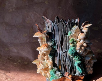 Honey mushroom tealight holder, tree stump lantern, luminary, ceramic lantern, candleholder, cutout lantern, ceramic mushroom, mushroom art