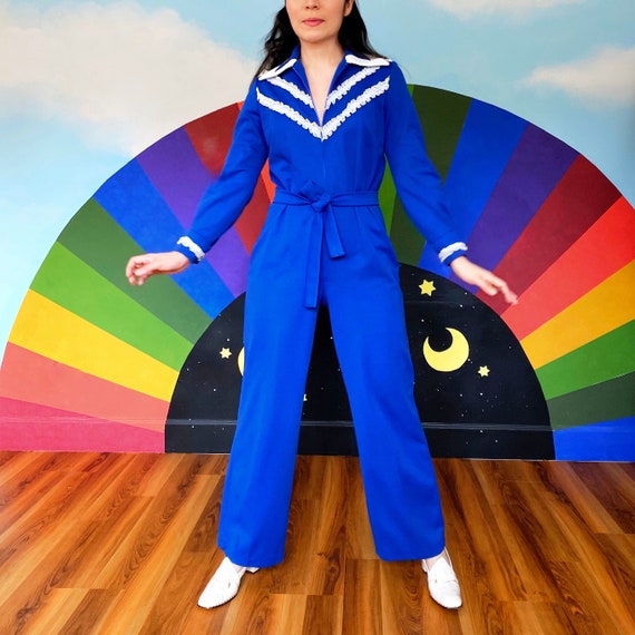 SMALL - 1970s Vintage Disco Jumpsuit - wing tip -