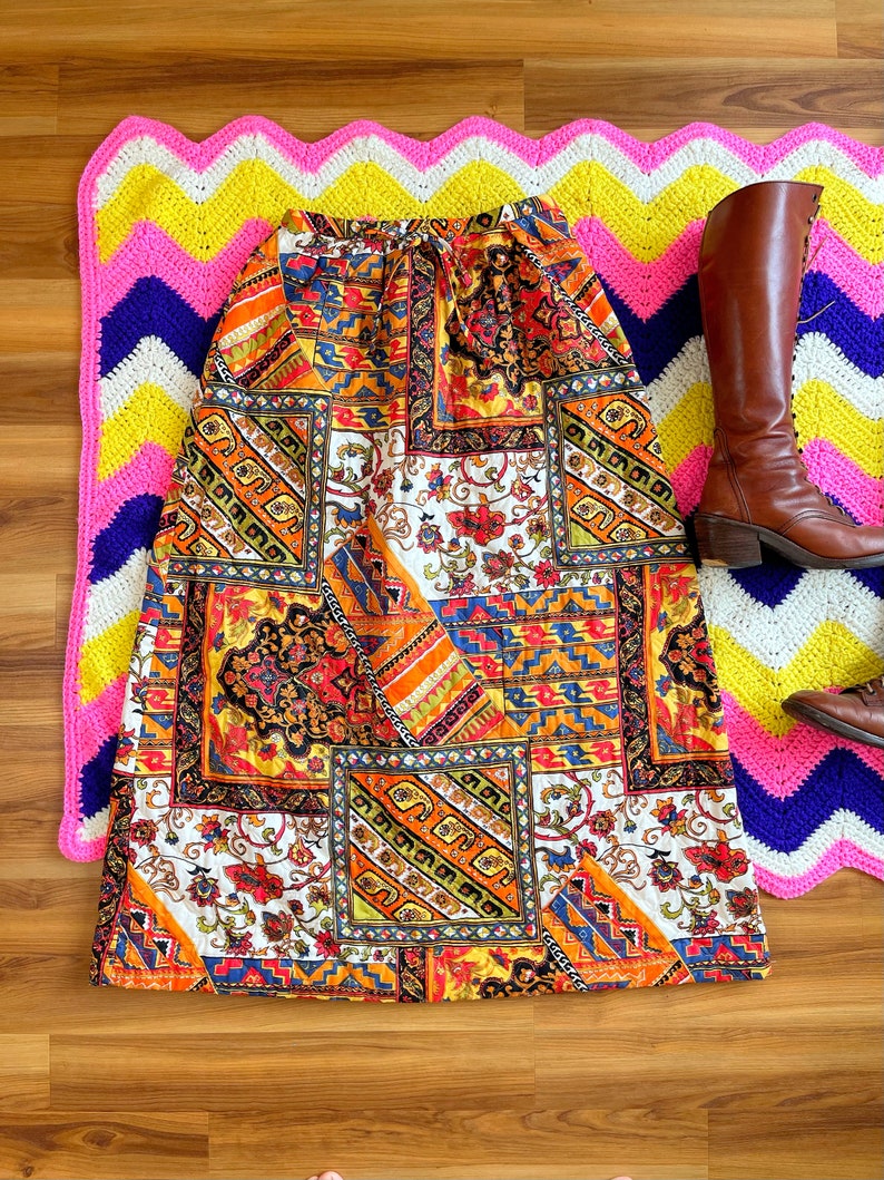 1960s Folk Quilted Peasant by Alex Coleman 1970s Vintage Patchwork Maxi Skirt S M 29 waist floral Paisley Print