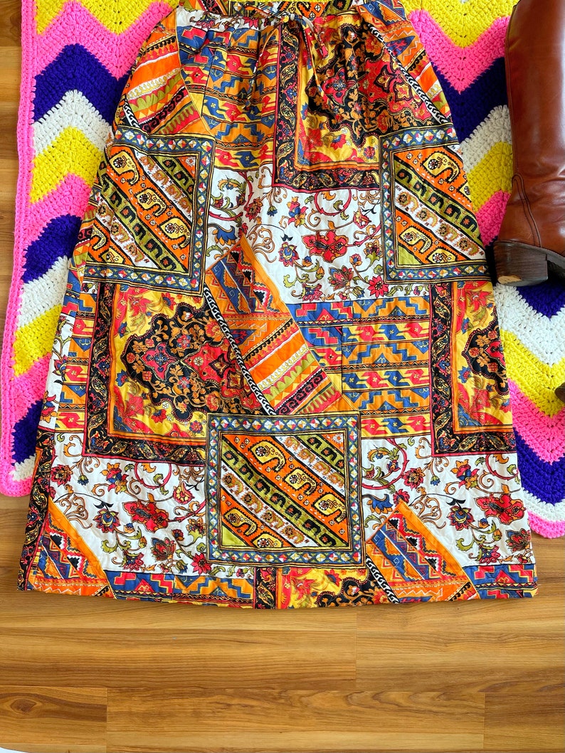 1960s Folk Quilted Peasant by Alex Coleman 1970s Vintage Patchwork Maxi Skirt S M 29 waist floral Paisley Print