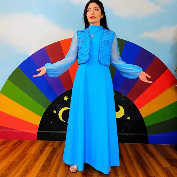 M / L - Rare 1970s Vintage Festival Maxi Dress -