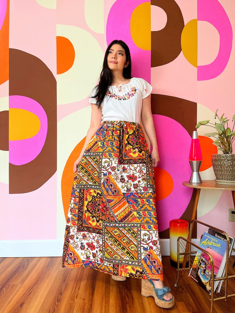 1960s Folk Quilted Peasant by Alex Coleman 1970s Vintage Patchwork Maxi Skirt S M 29 waist floral Paisley Print