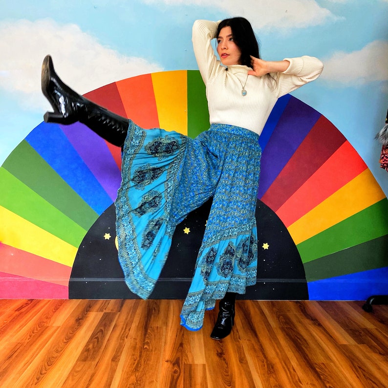 psychedelic print by Angie Bell bottoms 26 Waist Vintage 1990s Elephant Leg pants high waisted