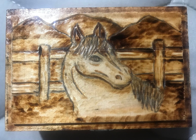 Wooden Jewelry Box with Horse Pyrography