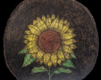 Sunflower Pyrography Art on Natural Wood Slice