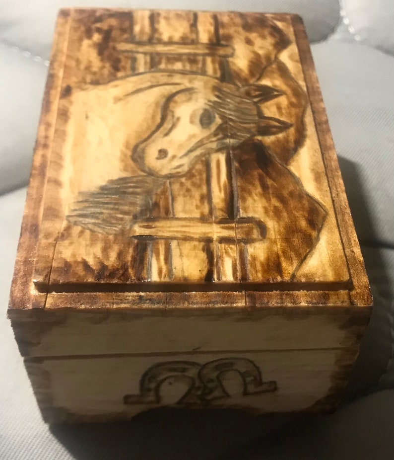 Wooden Jewelry Box with Horse Pyrography