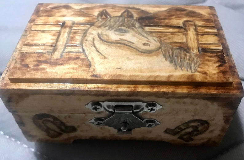 Wooden Jewelry Box with Horse Pyrography