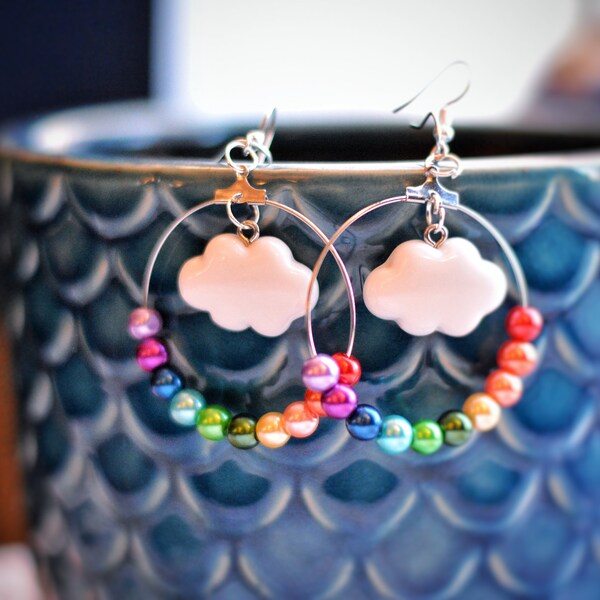 Rainbow Cloud Earring Hoops, Rainbow Earrings, Cloud Earrings, Raincloud Earrings, Rainbow Jewelry, Thundercloud, Blue Cloud, Purple Cloud