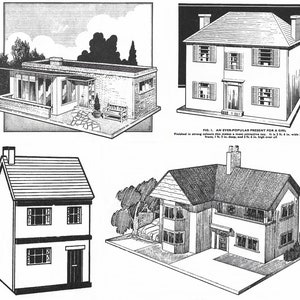 Op de afbeelding: Een zwart-witte lijntekening van vier verschillende huisontwerpen. De huizen zijn in een eenvoudige stijl getekend en zijn allemaal van verschillende grootte en vorm. De tekening is getiteld "Fig. 1. Een altijd populair cadeau voor een meisje".