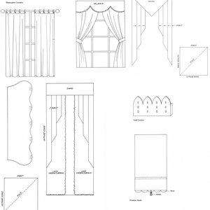 Puede incluir: Dibujos lineales de varios estilos de cortinas, incluyendo cortinas rústicas, cenefa, swag, jabot y estor. La imagen proporciona guías visuales para diferentes diseños de cortinas, con etiquetas que indican elementos específicos.